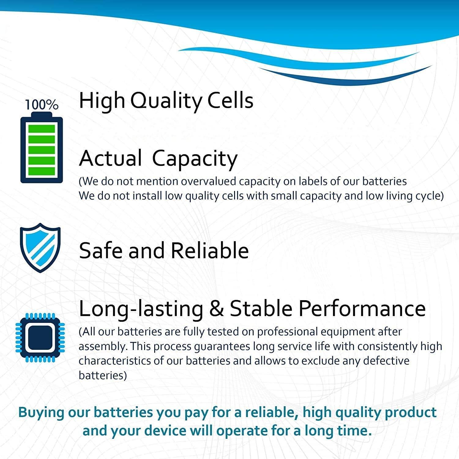 100% High Quality Cells

Actual Capacity
(We do not mention overvalued capacity on labels of our batteries. We do not install low quality cells with small capacity and low living cycle)

Safe and Reliable

Long-lasting & Stable Performance
(All our batteries are fully tested on professional equipment after assembly. This process guarantees long service life with consistently high characteristics of our batteries and allows to exclude any defective batteries)

Buying our batteries you pay for a reliable, high quality product and your device will operate for a long time.