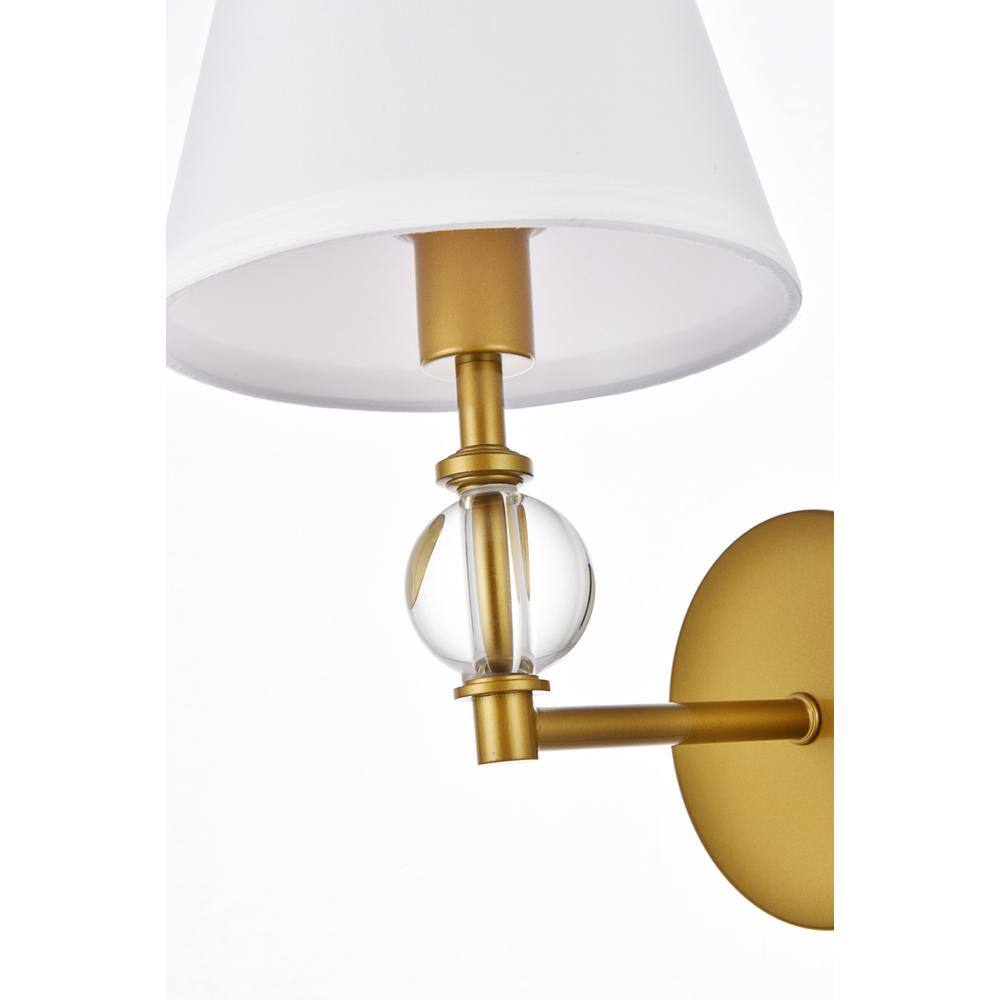 Back. Living District - Bethany 1 light bath sconce in brass with white fabric shade - Brass And White Fabric Shade.