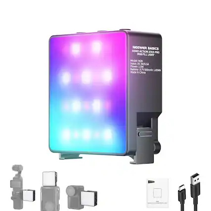 NEEWER BASICS OSMO ACTION 3/4/5 PRO RGB FILL LIGHT
Model: M26
Input: DC 5V/0.5A
Power: 1.5W
Battery: 3.7V 500mAh 1.85Wh
Made in China