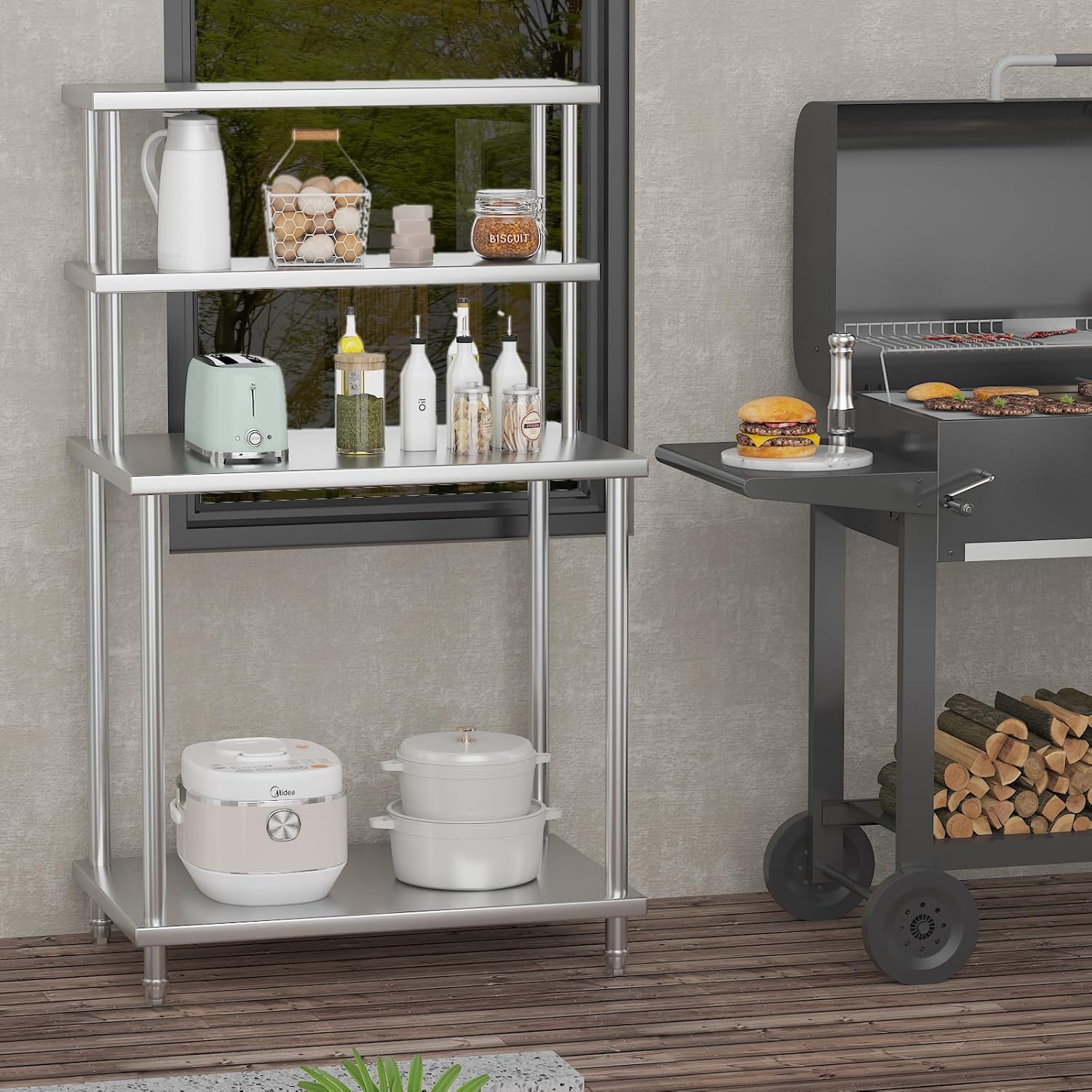 Alt View 2. Acekool - 36"x24" Stainless Steel Work Table with 2-Tier Adjustable Overshelves, Commercial Prep Table for Kitchen,No wheels - Silver.