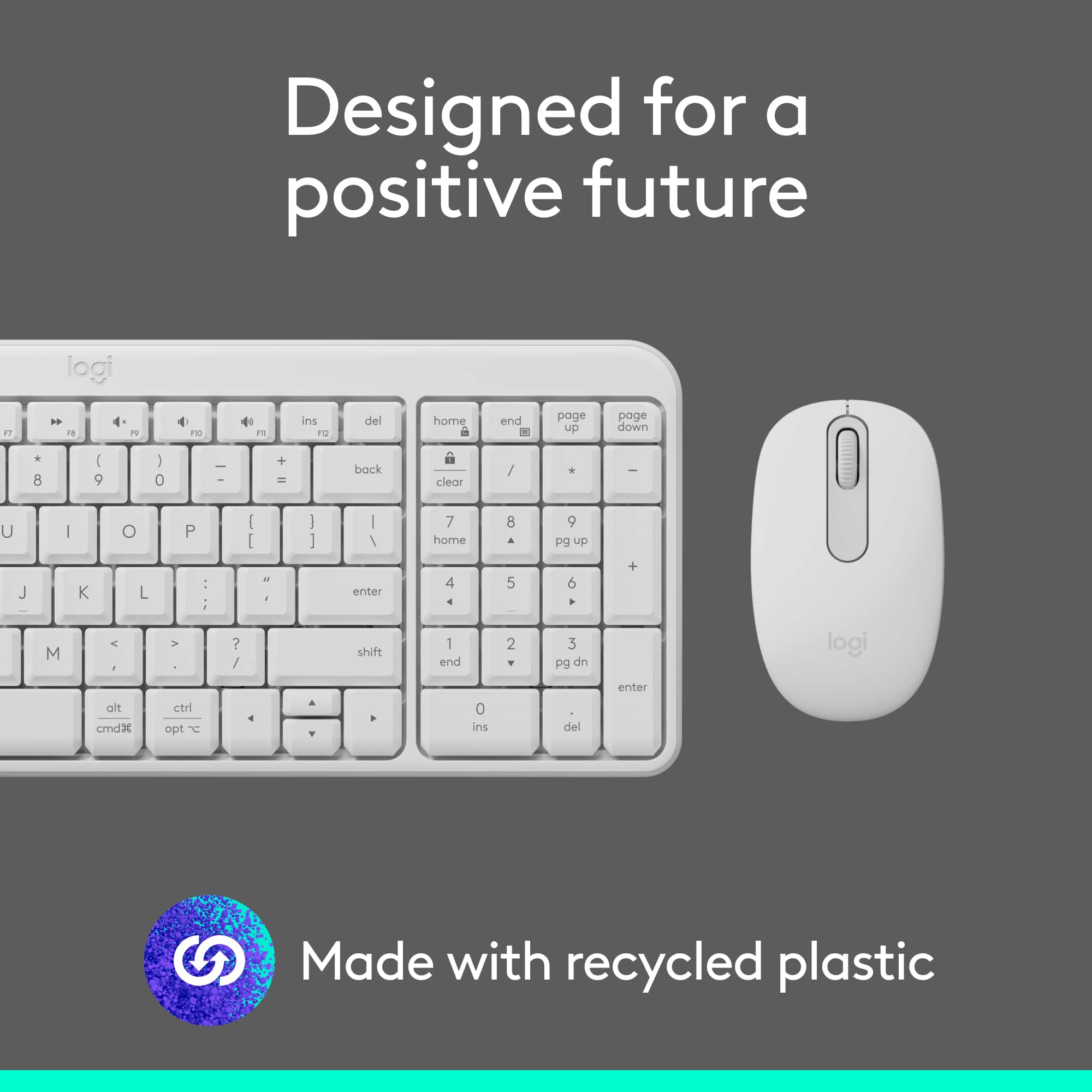 Designed for a positive future, the Logi F7 keyboard is made with recycled plastic. It features a compact design and includes a mouse for a complete computer setup. The keyboard has a white color and is equipped with various keys, such as the home, end, page up, page down, and function keys. Additionally, it has arrow keys, a numeric keypad, and a command key for easy navigation and control. The Logi F7 keyboard is a practical and environmentally friendly choice for a future-oriented lifestyle.
