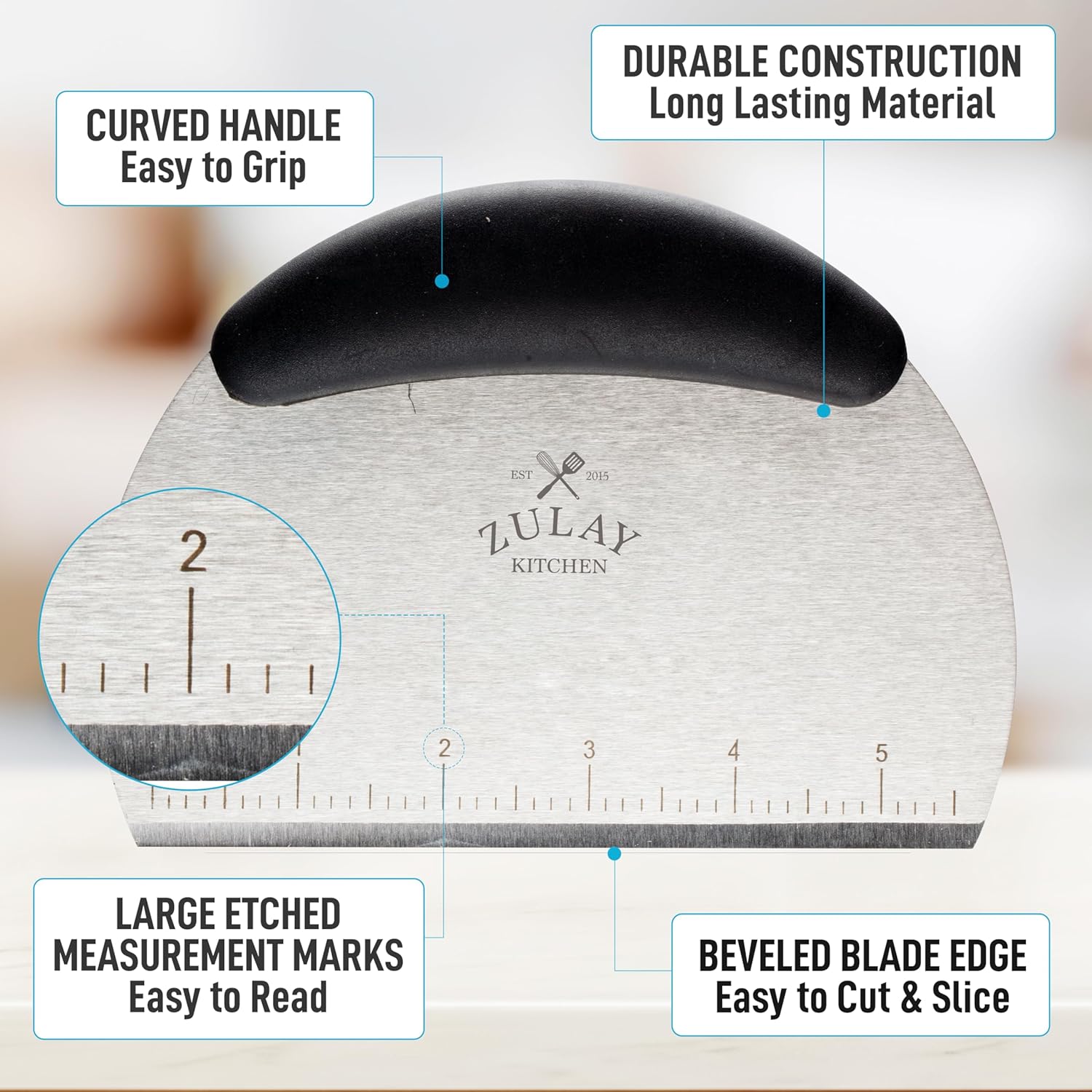 - CURVED HANDLE Easy to Grip
- DURABLE CONSTRUCTION Long Lasting Material
- LARGE ETCHED MEASUREMENT MARKS Easy to Read
- BEVELED BLADE EDGE Easy to Cut & Slice
