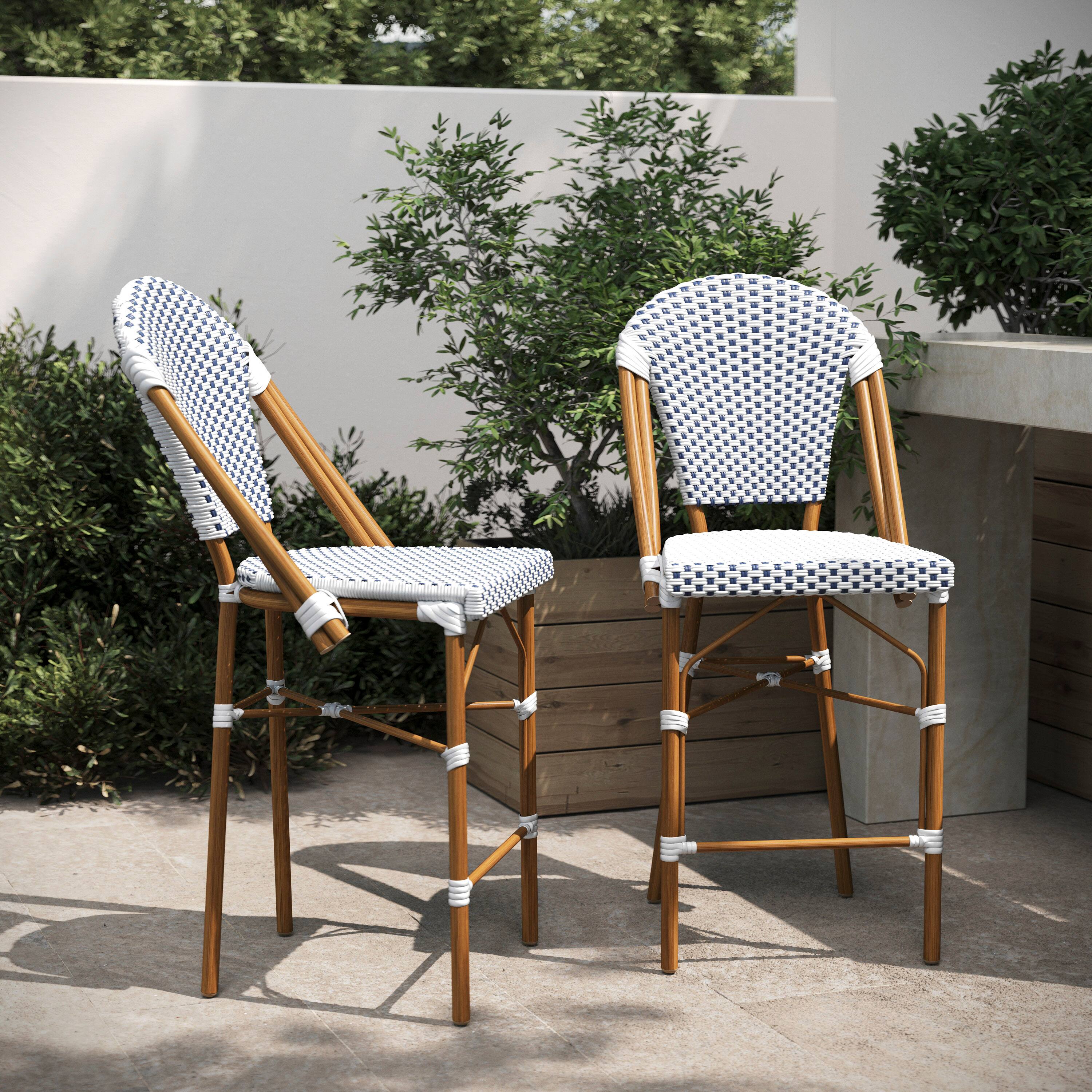 Alt View 2. Flash Furniture - Lourdes Set of 2 Stackable Indoor/Outdoor Bistro 26" High Counter Height Stools, Commercial Grade, White/Navy and Bamboo - Blue.