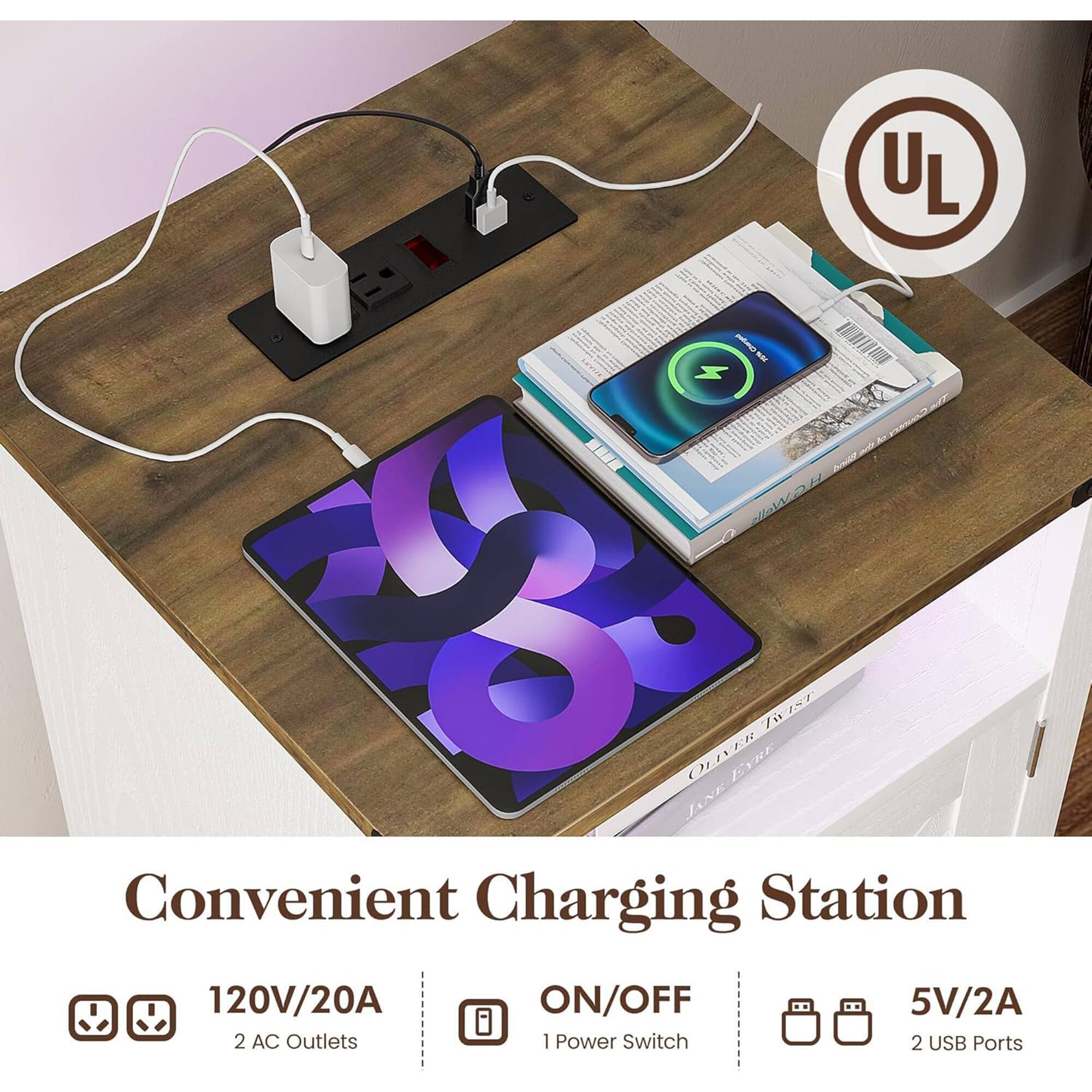 UL oin V & JANE OLIVER EYRE ROEST  
Convenient Charging Station  
120V/20A ON/OFF  
2 AC Outlets  
1 Power Switch  
5V/2A  
2 USB Ports