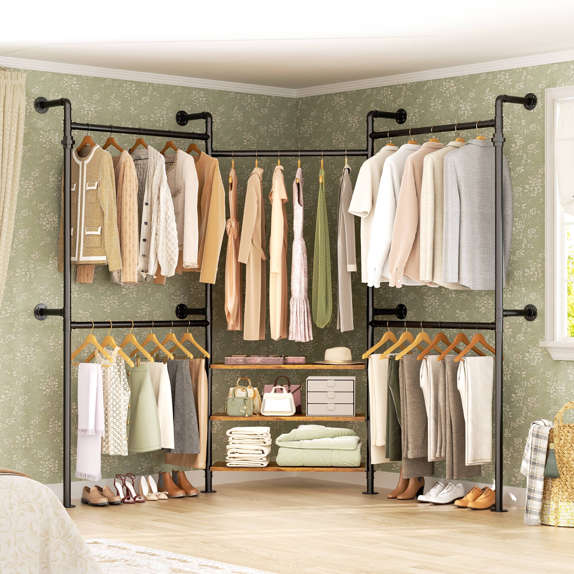 Left. Aheaplus - Adjustable Wall-Mounted Metal Clothing Rack: 3-Tier Wood Shelves, 84"-128", 1000LB Capacity - Rustic Brown.