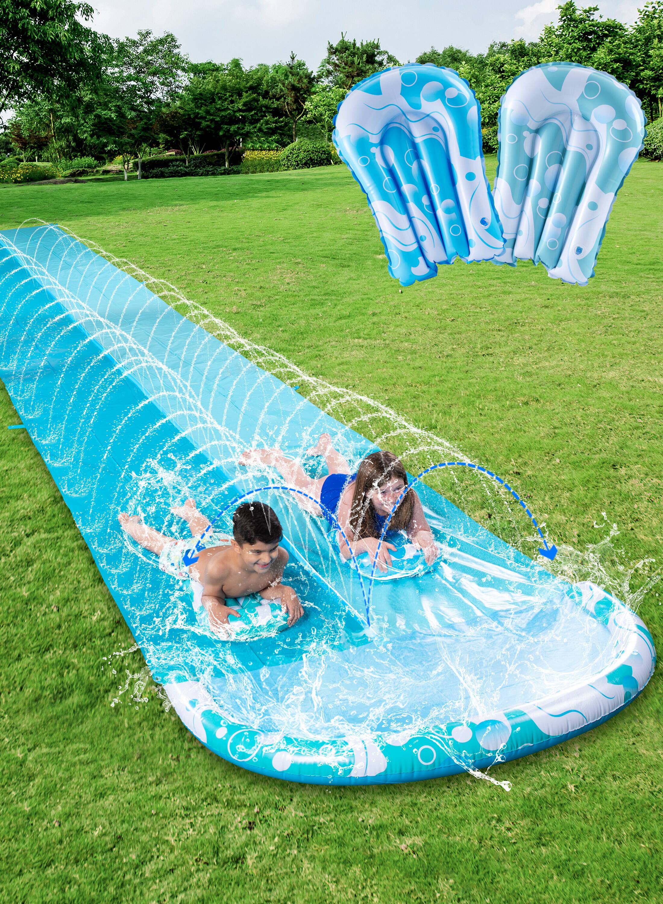 Front. Joyfy - 32.5ft Slip Water Slide with 2 Inflatable Boards, Summer Double Lawn Water Slip with Sprinkler, Splash Mat Light Blue.