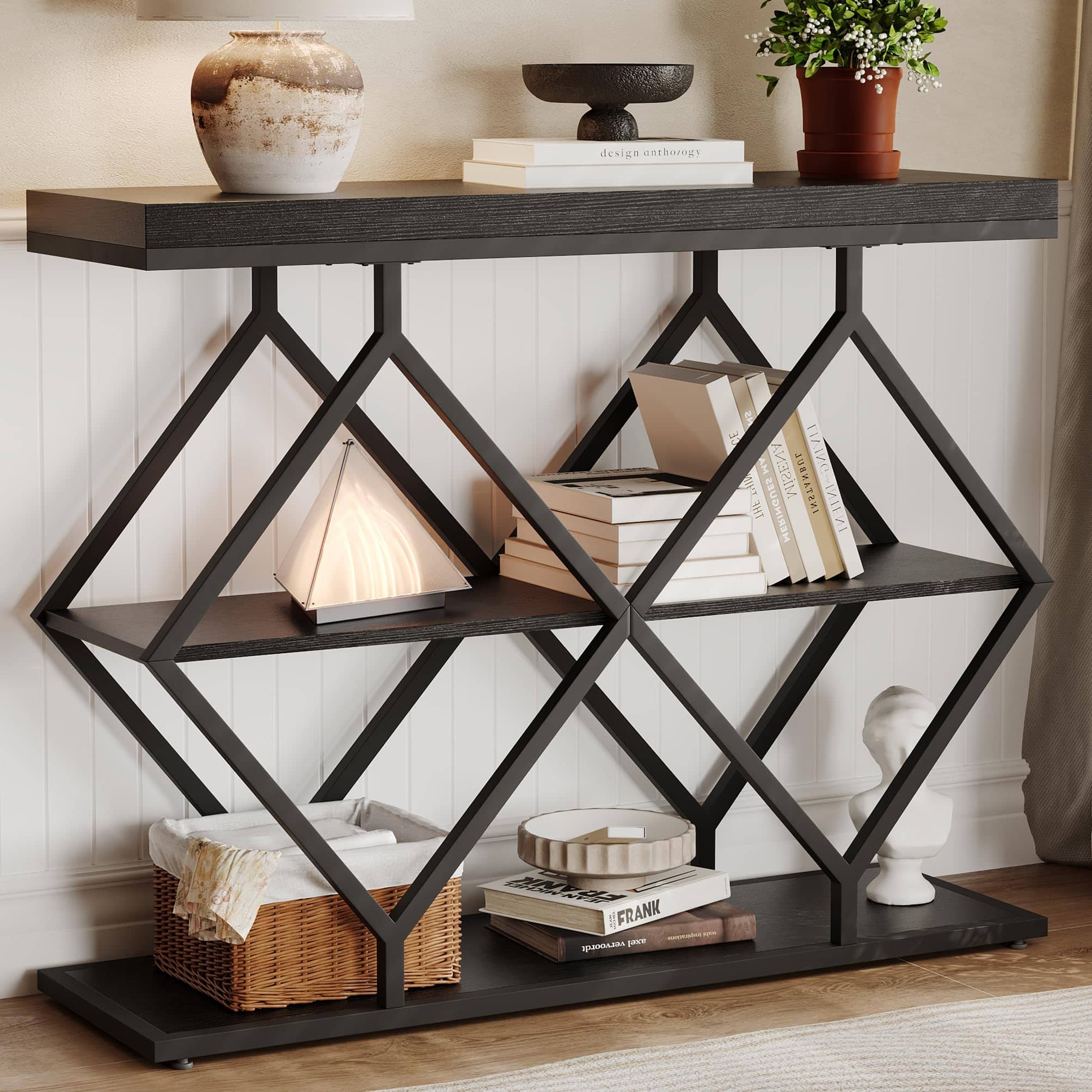 Qeetex - 3-Tier Industrial Entryway Table with Storage, Console Sofa Table with Open Shelves, Diamond-Shaped Metal Frame - Black