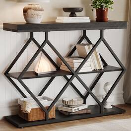 Qeetex - 3-Tier Industrial Entryway Table with Storage, Console Sofa Table with Open Shelves, Diamond-Shaped Metal Frame - Black