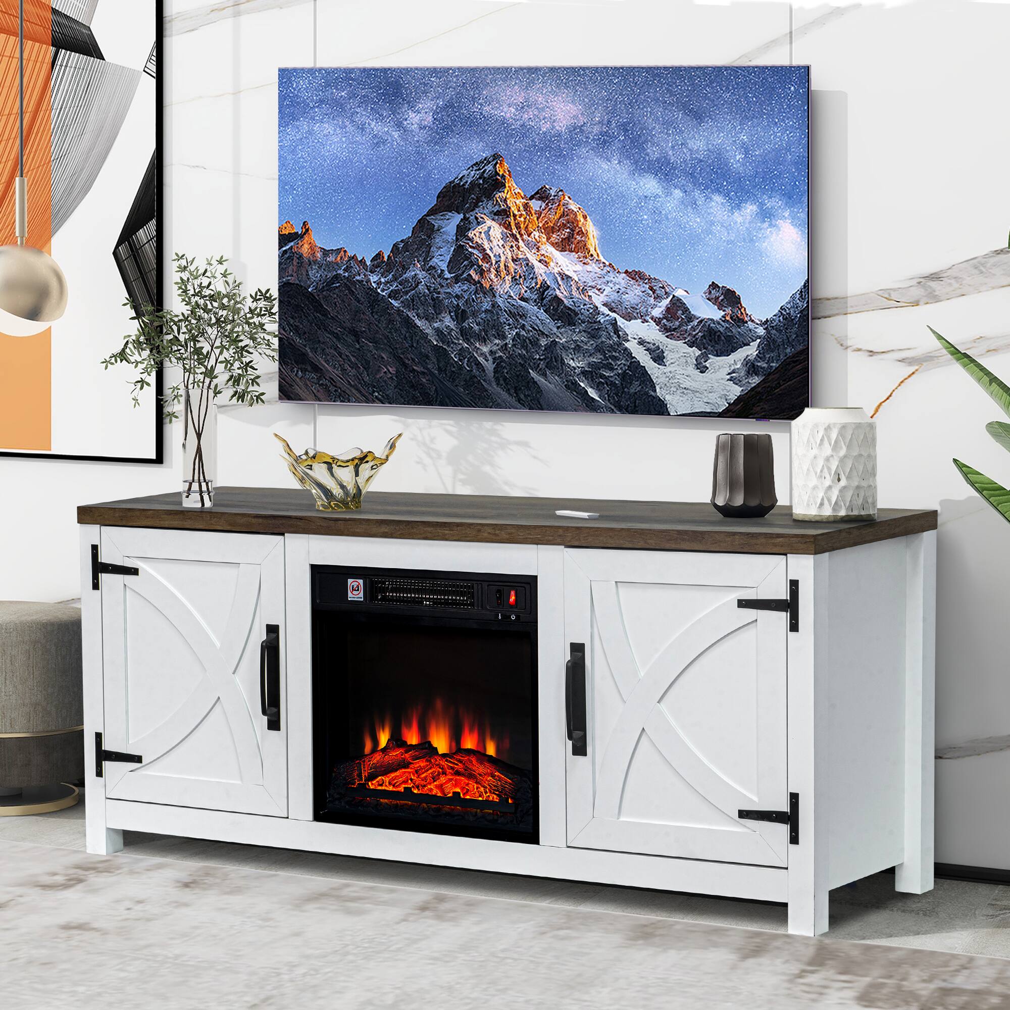 Angle. Ihomeadore - 58" Farmhouse TV Stand for TV up to 65" with Electric Fireplace - White.