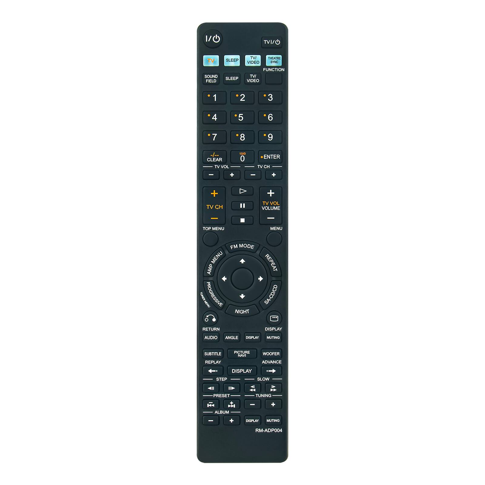 1/0 1/ TVI/O TV SLEEP SOUND FIELD TWE S VIDLO 5TN FUNCTION WT VIDEO 1 2 3 4 5 6 7 8 9 0 CLEAR TV VOL 100 0 ENTER TV C + + + TV CH + TV VOL VOLUME - TOP MENU MENU FM MODE MENU REPEAT AMP PAUSE PROGRESSIVE 00G-VS NIGHT RETURN DISPLAY AUDIO WOOFER ADVANCE DISPLAY STEP SLOW PRESET TUNING ALBUM DIGSPLAY MUTING RM-ADP004