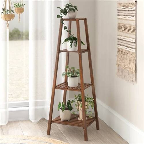 Back. SlickBlue - Modern Boho Wooden Pyramidal 4-Tier Plant Display Stand - Brown.