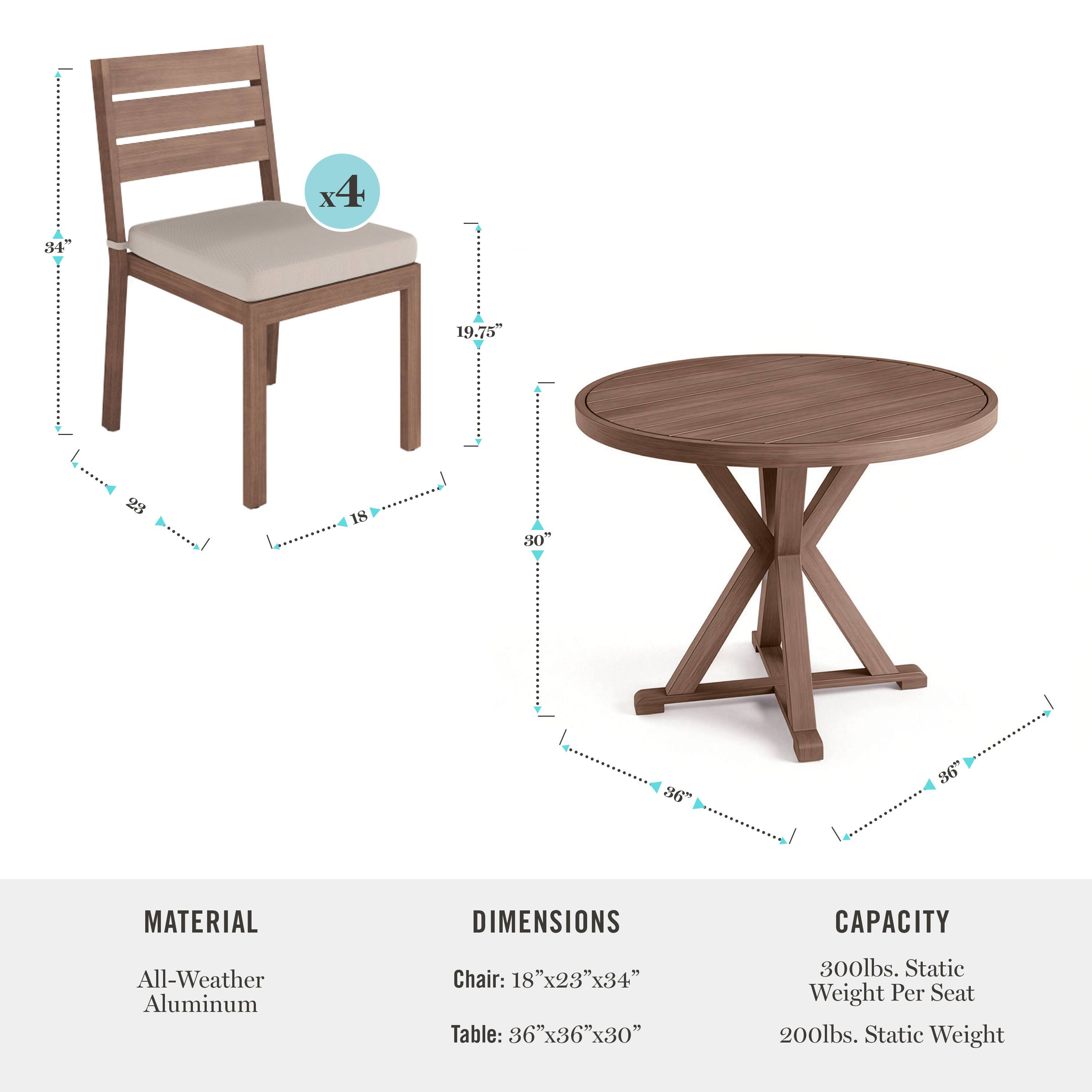 All-Weather Aluminum Chair: 18" x 23" x 34"  
Table: 36" x 36" x 30"  

MATERIAL  
All-Weather Aluminum  

DIMENSIONS  
Chair: 18" x 23" x 34"  
Table: 36" x 36" x 30"  

CAPACITY  
300lbs. Static Weight Per Seat  
200lbs. Static Weight