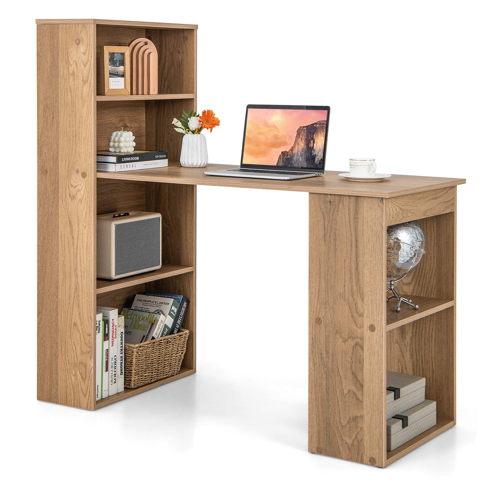 Costway - Computer Desk Writing Workstation Office 6-Tier Storage Shelves - Natural