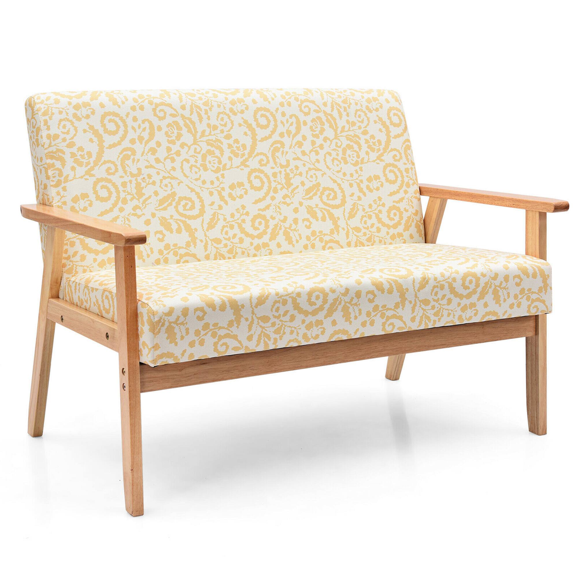 Front. Costway - Costway Modern Fabric Loveseat Sofa Couch Upholstered 2-Seat Wood Armchair Yellow Floral - Yellow.