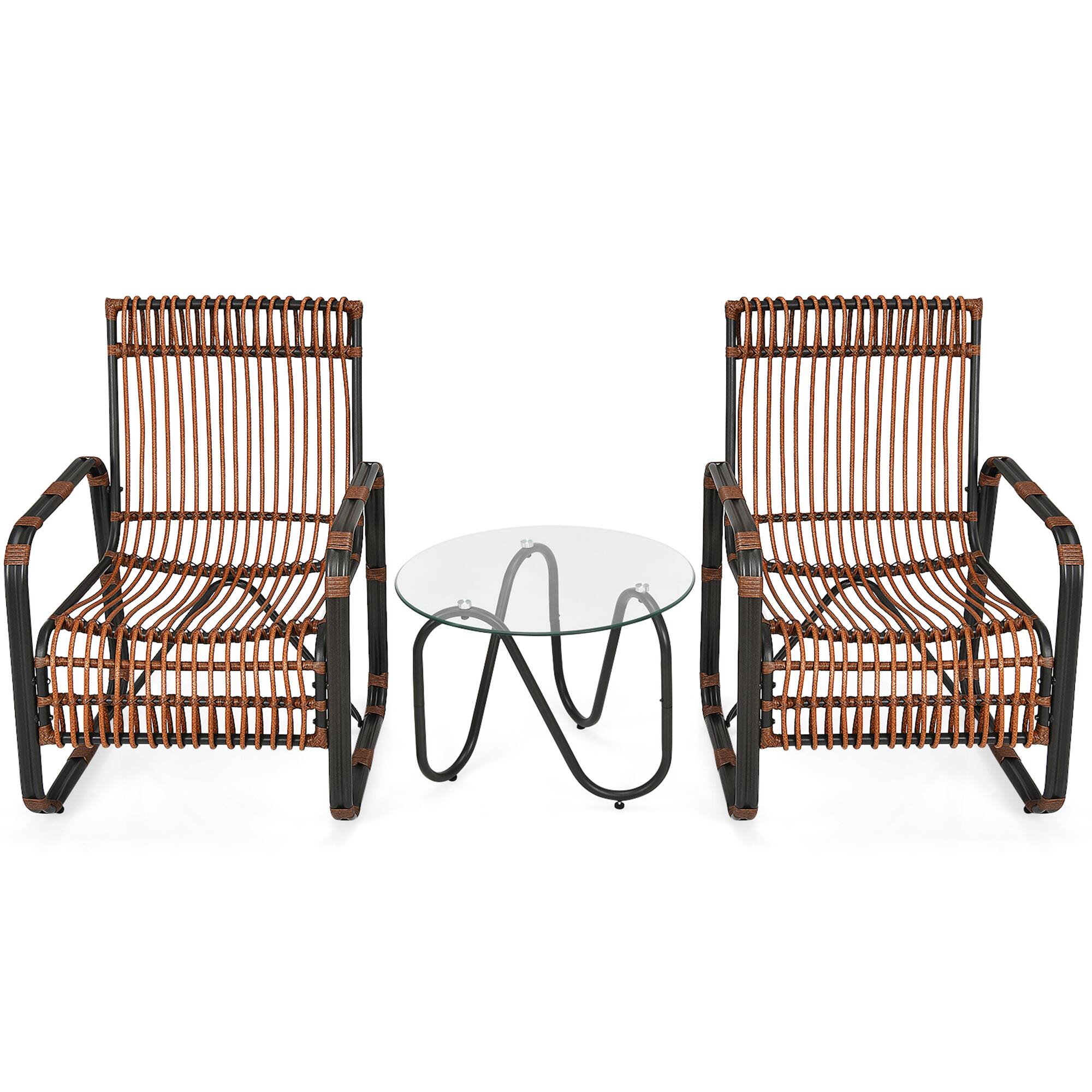 Alt View 8. Gymax - Gymax 3PCS Rattan Patio Conversation Set Bistro Furniture Set w/ Glass Table - Brown + Black.