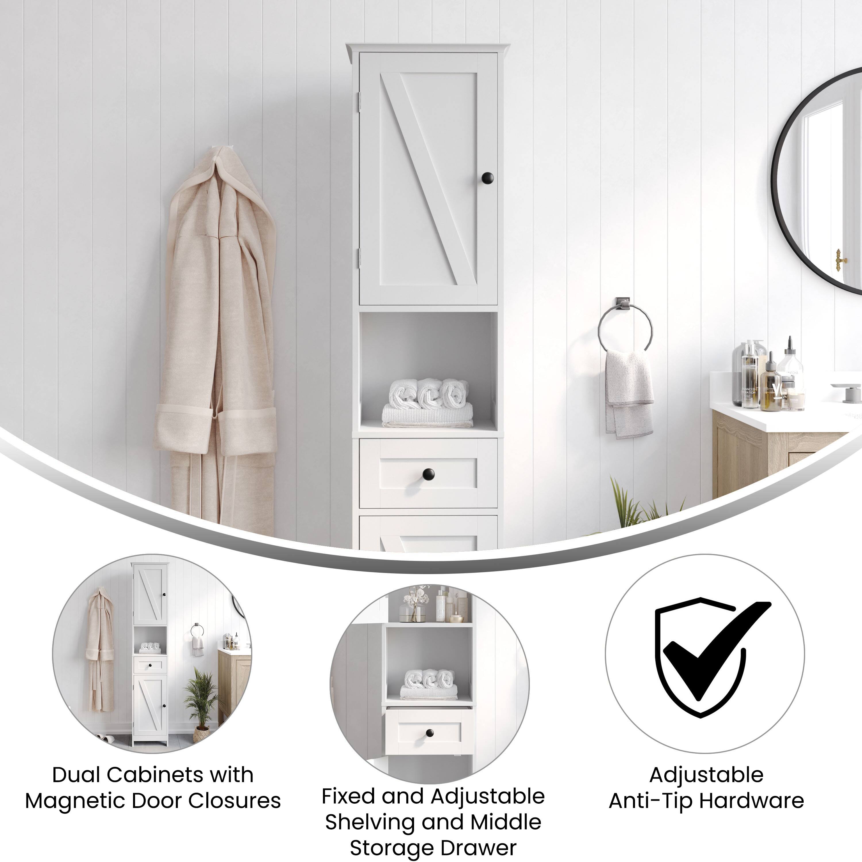 Dual Cabinets with Magnetic Door Closures  
Fixed and Adjustable Shelving and Middle Storage Drawer  
Adjustable Anti-Tip Hardware