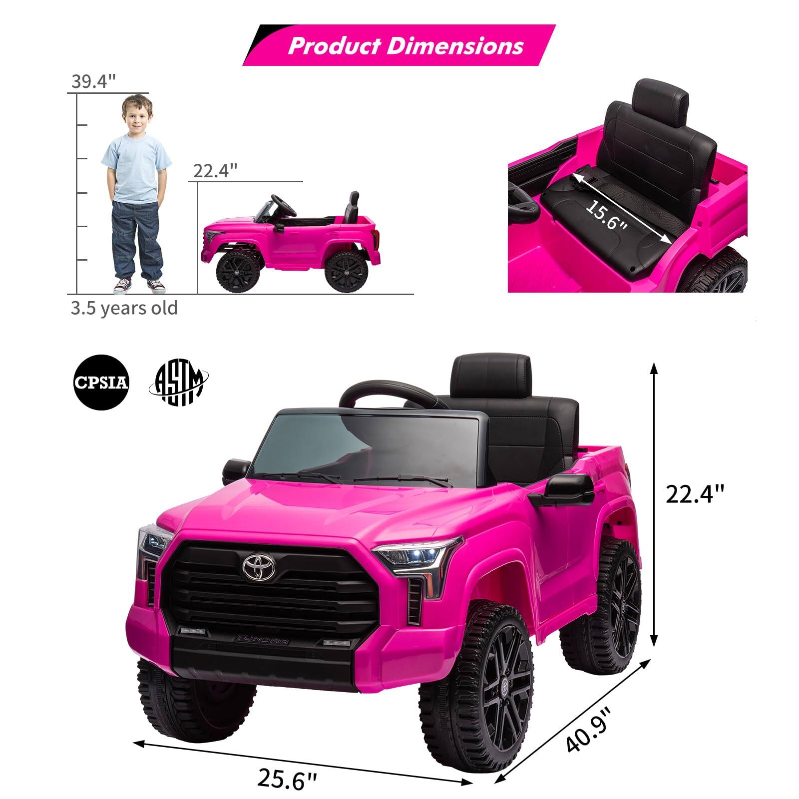 Product Dimensions

- Length: 40.9"
- Width: 22.4"
- Height: 25.6"
- Seat Height: 15.6"
- Child Reference: 39.4" (3.5 years old)