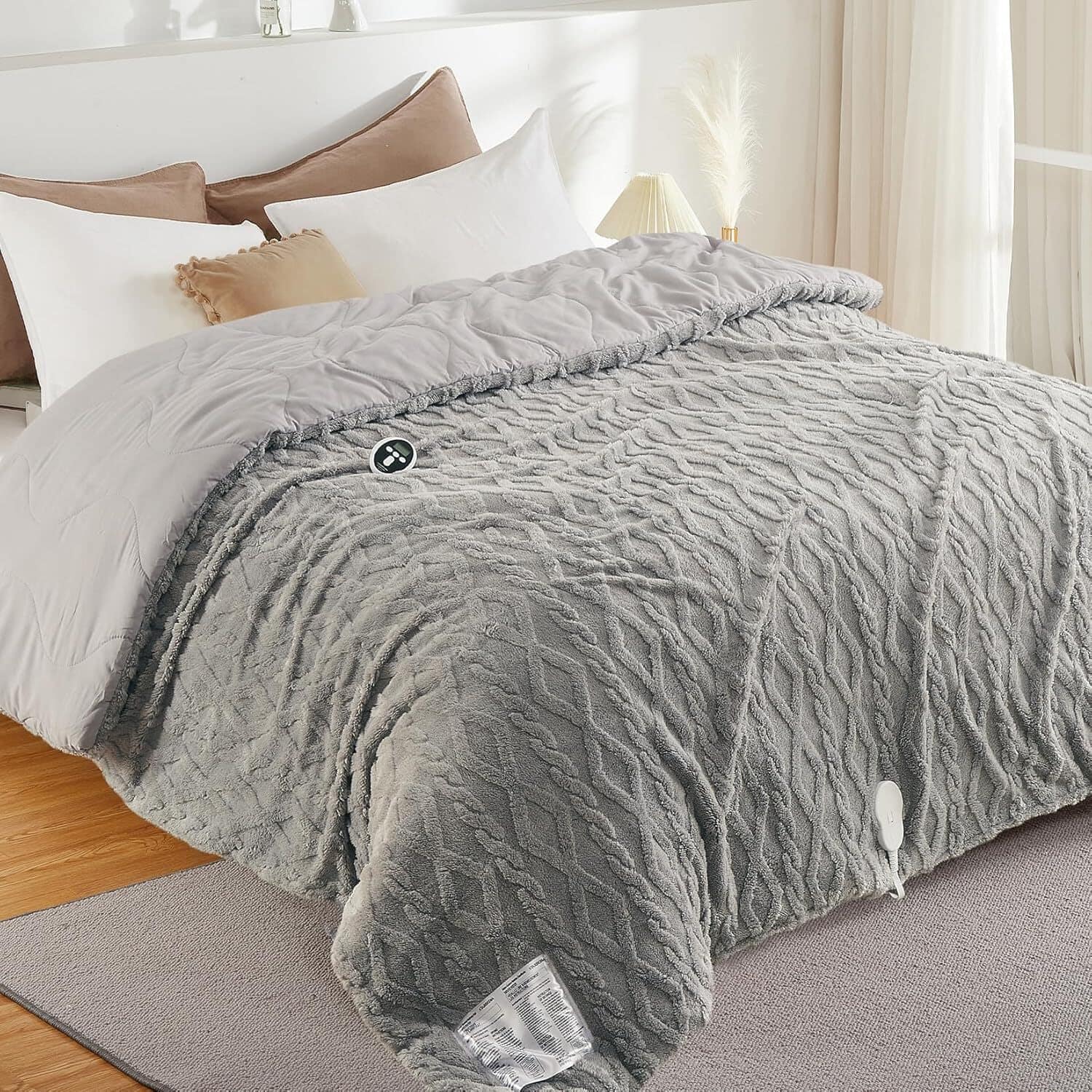 Front. Acekool - 90" x 90" Heated Comforter Blanket with Wireless LCD Controller, Tufted Fast Heating Electric Quilt, Grey - Grey.