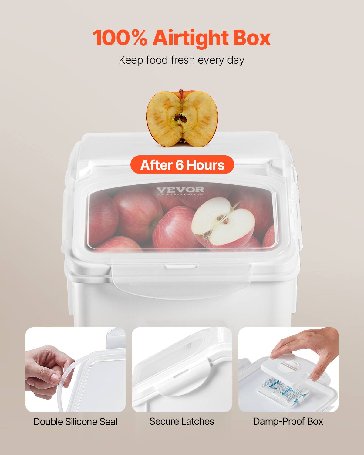 100% Airtight Box
Keep food fresh every day
After 6 Hours
VEVOR
Double Silicone Seal
Secure Latches
Damp-Proof Box