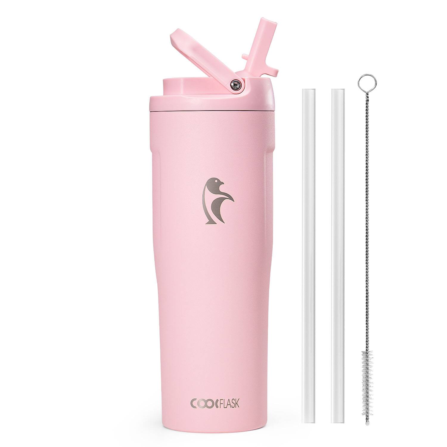 Front. Coolflask - Slim Tumbler Stainless Steel with Straw & Handle - Fits Car Cup Holder - 32oz Pink.