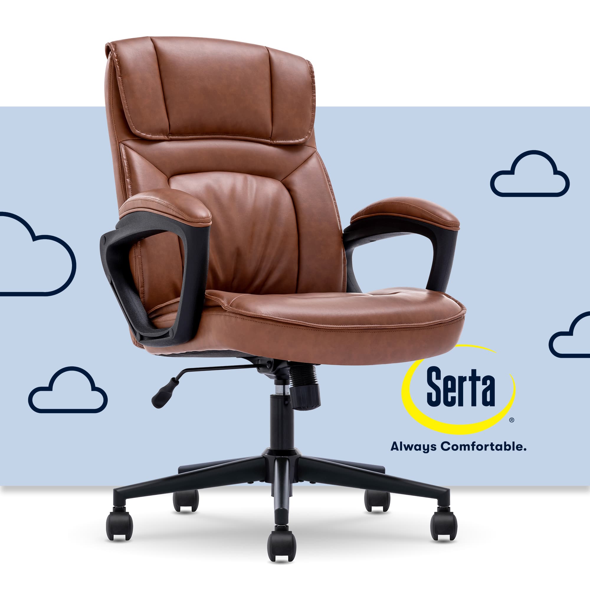 The image features a brown leather office chair with a blue background. The chair is positioned on wheels, making it easy to move around. The Serta logo is visible on the chair, indicating that it is a Serta product. The chair is designed to provide comfort and support for the user, making it an ideal choice for an office setting.