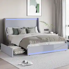 Vecelo - Full Size LED Bed Frame with Headboard, Charging Ports, Storage Drawers, No Box Spring Needed, App & Remote Control - Gray