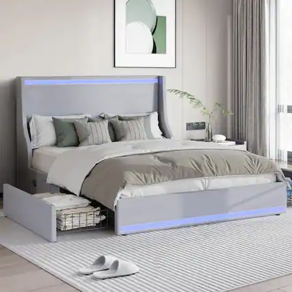 Front. Vecelo - Full Size LED Bed Frame with Headboard, Charging Ports, Storage Drawers, No Box Spring Needed, App & Remote Control - Grey.