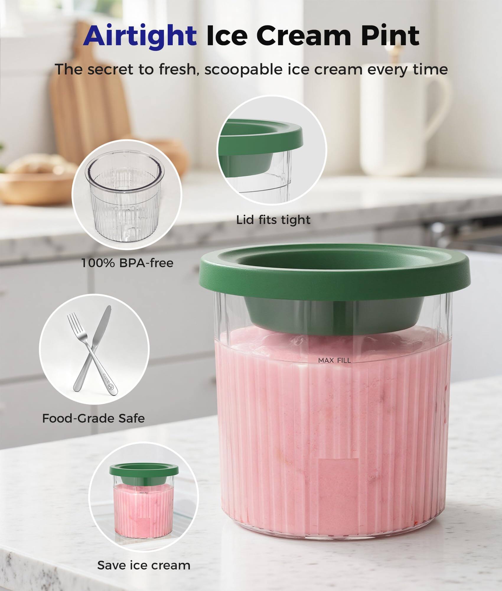 Airtight Ice Cream Pint  
The secret to fresh, scoopable ice cream every time  

- Lid fits tight  
- 100% BPA-free  
- Food-Grade Safe  
- Save ice cream