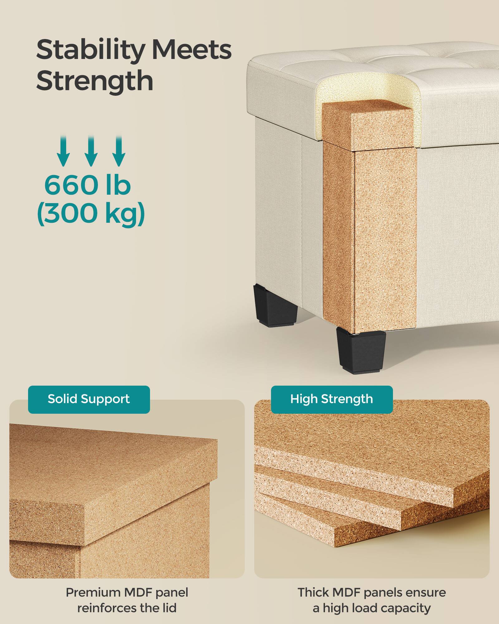 Stability Meets Strength

660 lb (300 kg)

Solid Support  
Premium MDF panel reinforces the lid

High Strength  
Thick MDF panels ensure a high load capacity
