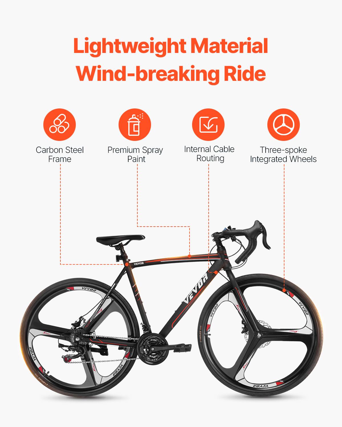 Lightweight Material  
Wind-breaking Ride  

- Carbon Steel Frame  
- Premium Spray Paint  
- Internal Cable Routing  
- Three-spoke Integrated Wheels  

VEVOR