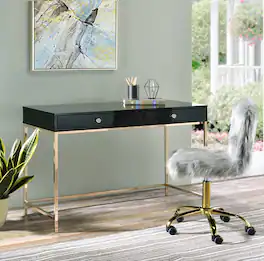 APRILSOUL - High Gloss Gold Finish Writing Desk - Black