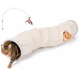 Ownpets - 48" Long Collapsible Cat Tunnel with Plush Ball & Feather Toy - Khaki
