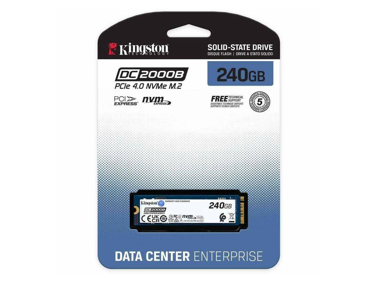 Kingston SOLID-STATE DRIVE TECHNOLOGY  
DISQUE FLASH | DRIVE A STATO SOLIDO  
DC 2000B 240GB  
PCIe 4.0 NVMe .2  
FREE TECHNICAL SUPPORT  
EXPRESS  
5 YEARS WARRANTY  
DATA CENTER ENTERPRISE