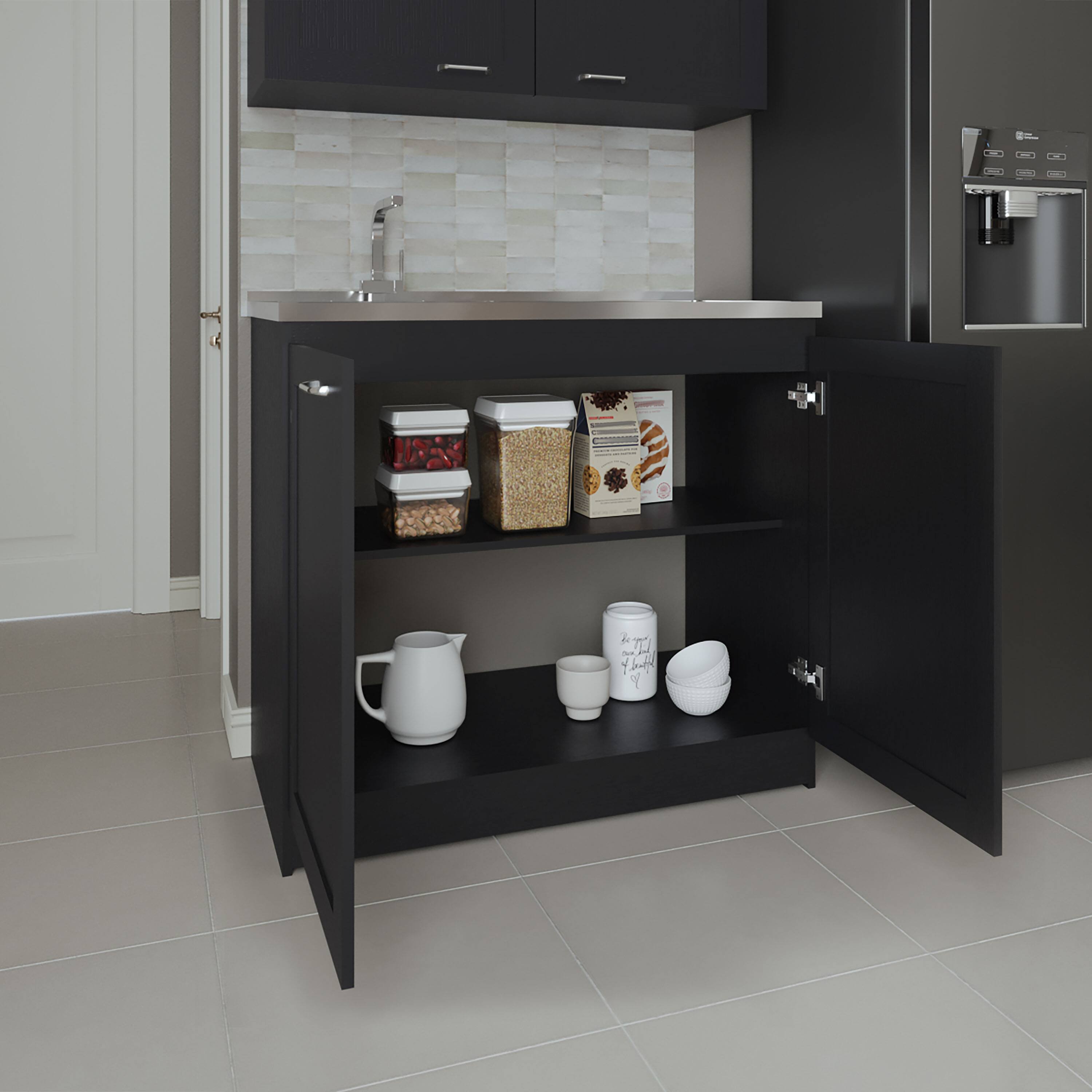 Alt View 2. TinyHomie - 36 Inch H Black Wengue Utility Sink Cabinet 2 Doors 2 Shelves - Black.