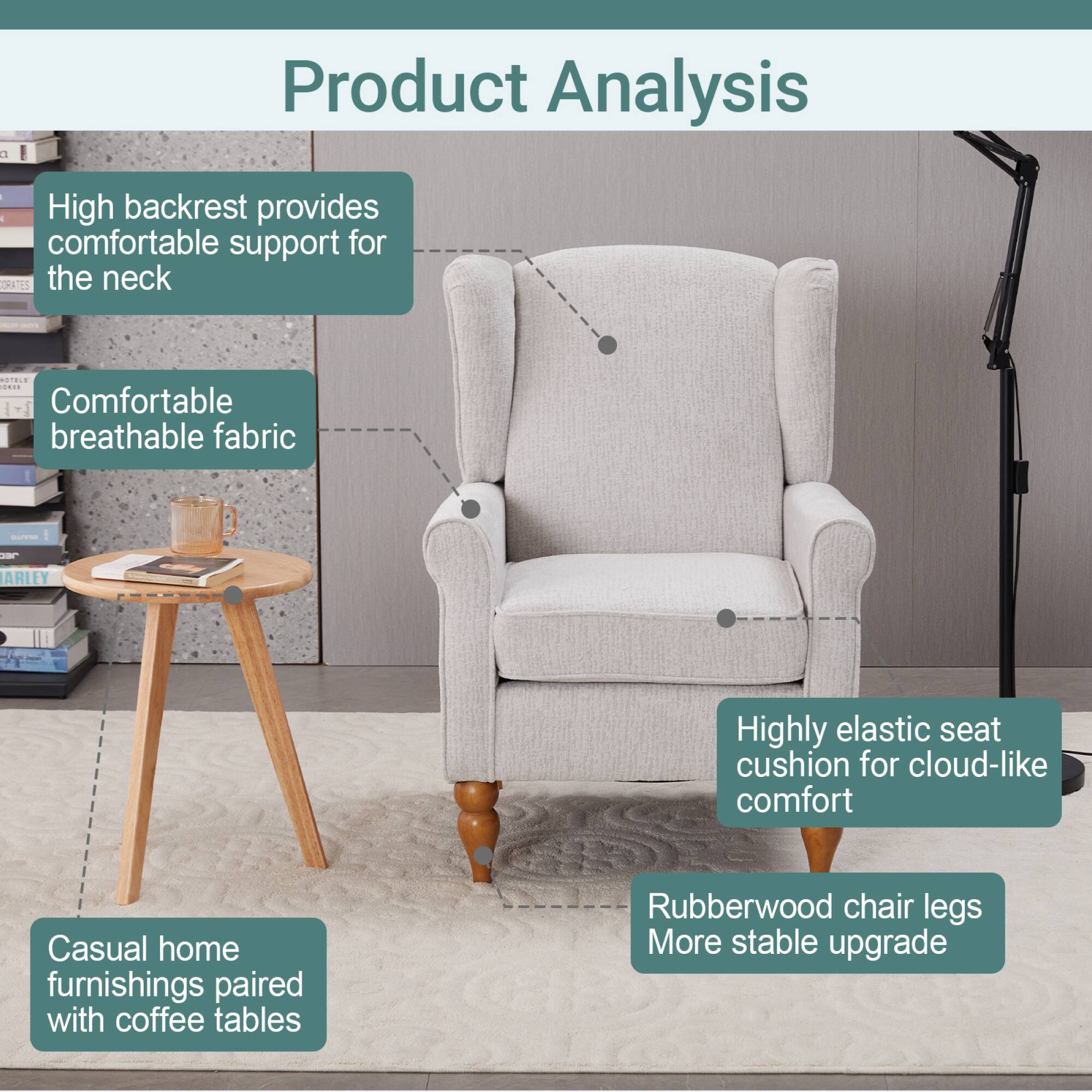 Product Analysis

- High backrest provides comfortable support for the neck
- Comfortable breathable fabric
- Highly elastic seat cushion for cloud-like comfort
- Casual home furnishings paired with coffee tables
- Rubberwood chair legs More stable upgrade
