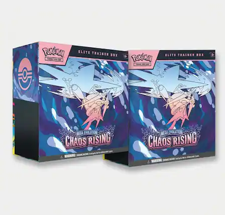 POKEMON TRADING CARD GAME ELITE TRAINER BOX 6+
MEGA EVOLUTION CHAOS RISING
WARNING: CHOKING HAZARD Small parts. Not for children under 3 years.