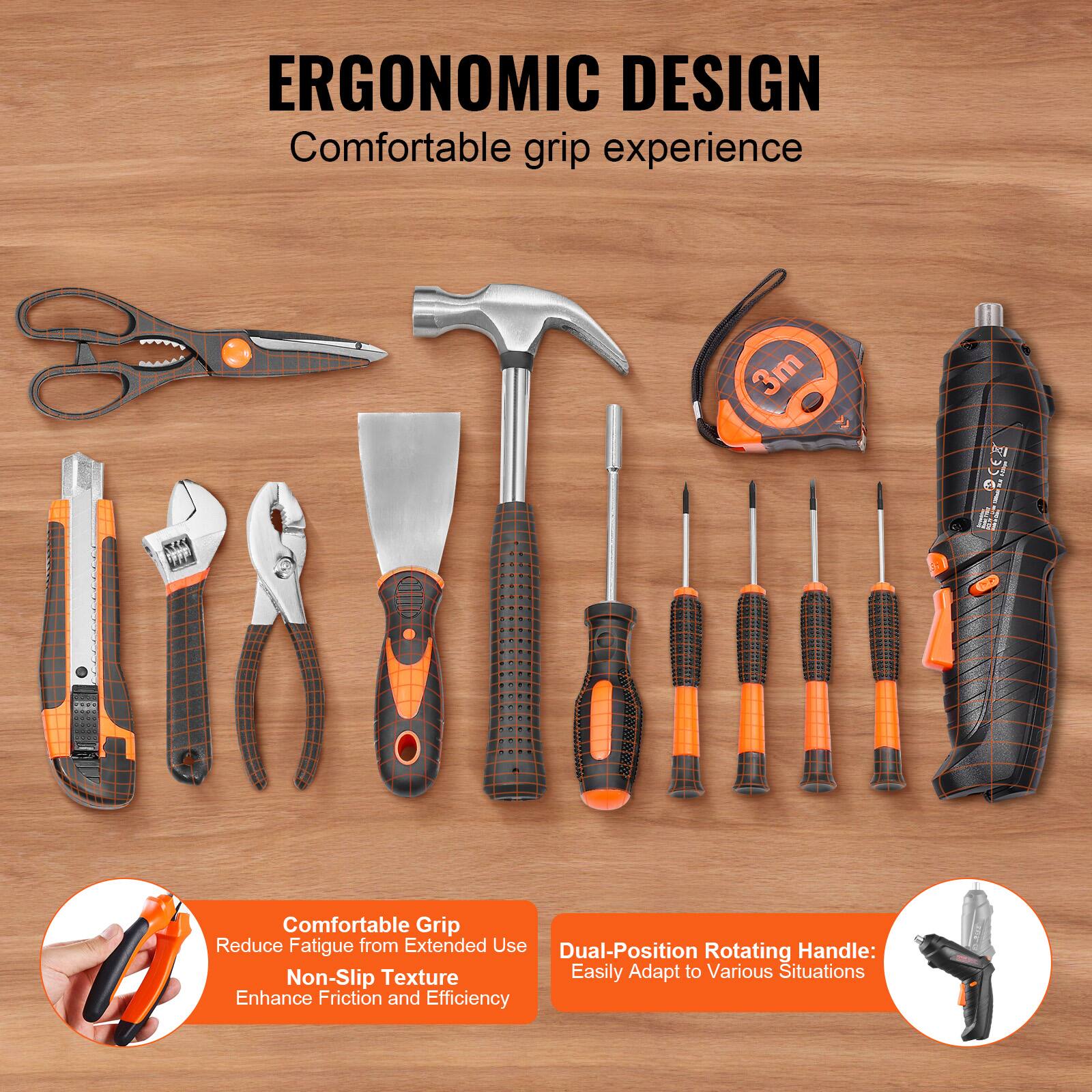 ERGONOMIC DESIGN  
Comfortable grip experience  

Comfortable Grip  
Reduce Fatigue from Extended Use  
Non-Slip Texture  
Enhance Friction and Efficiency  

Dual-Position Rotating Handle:  
Easily Adapt to Various Situations