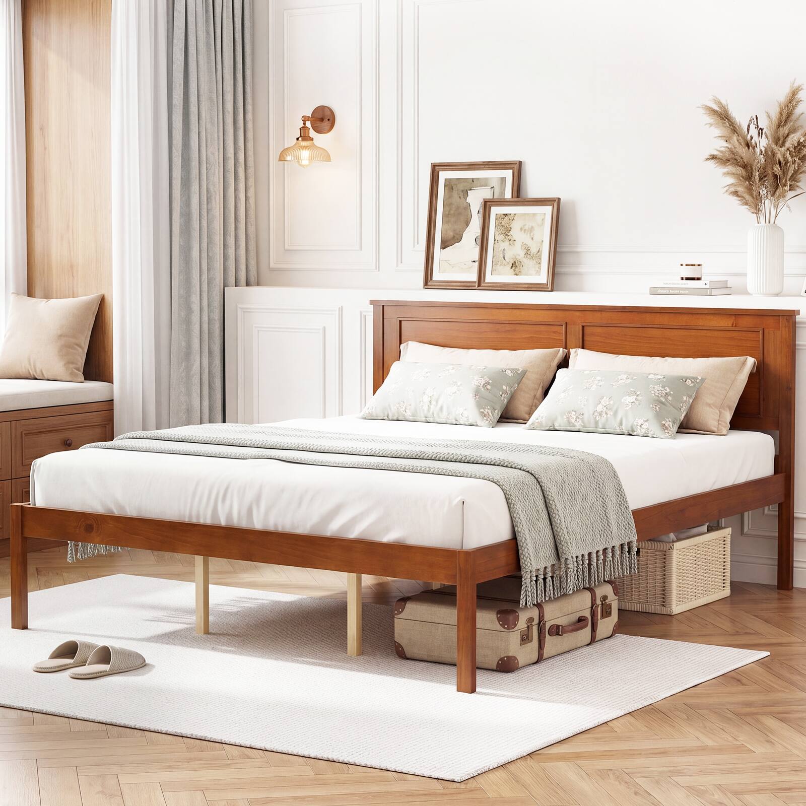 Alt View 4. Gymax - Gymax Queen Size Bed Frame Farmhouse Wooden Platform Bed w/Headboard Under-Bed Storage - Brown.