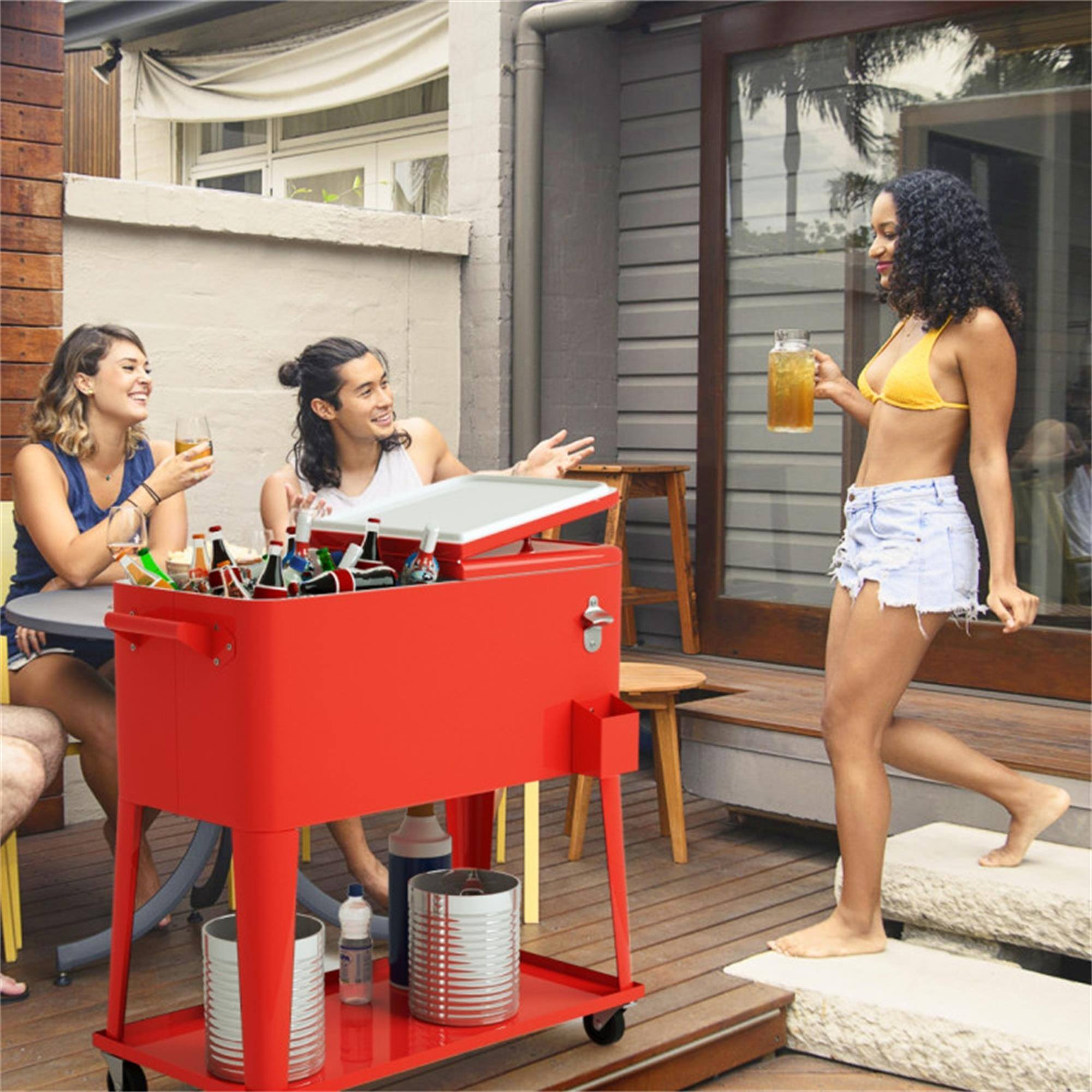 Alt View 2. Boyel Living - Black 80 Quart Outdoor Patio Rolling Steel Cooler with 4 Wheels 2 Brakes Bottle Opener - Red.