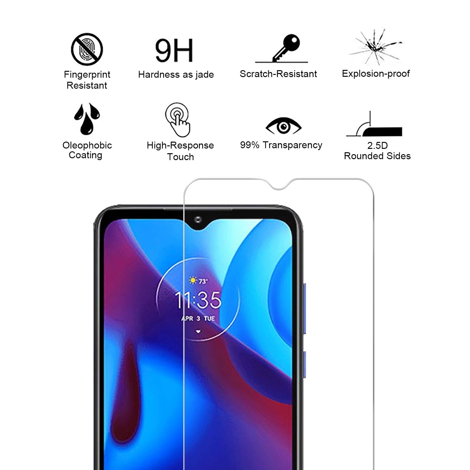 The image features a cell phone with various features and attributes. It is described as having a fingerprint-resistant 9H hardness, which is similar to jade. The phone is also scratch-resistant and has an explosion-proof oleophobic coating. The touch screen is high-response, providing a responsive touch experience. The phone has a 99% transparency, making it visually appealing. Additionally, the phone has 2.5D rounded sides, giving it a sleek and modern appearance. The image also shows the date and time, which is April 3rd, Tuesday, at 11:35.