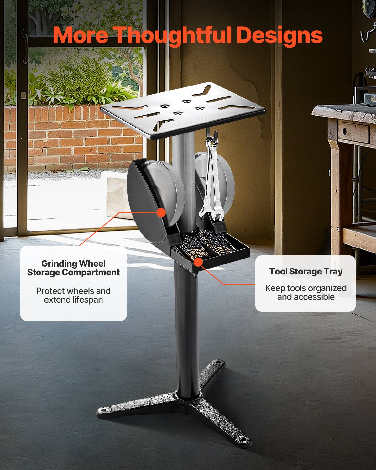 More Thoughtful Designs

- Grinding Wheel Storage Compartment
  Protect wheels and extend lifespan

- Tool Storage Tray
  Keep tools organized and accessible