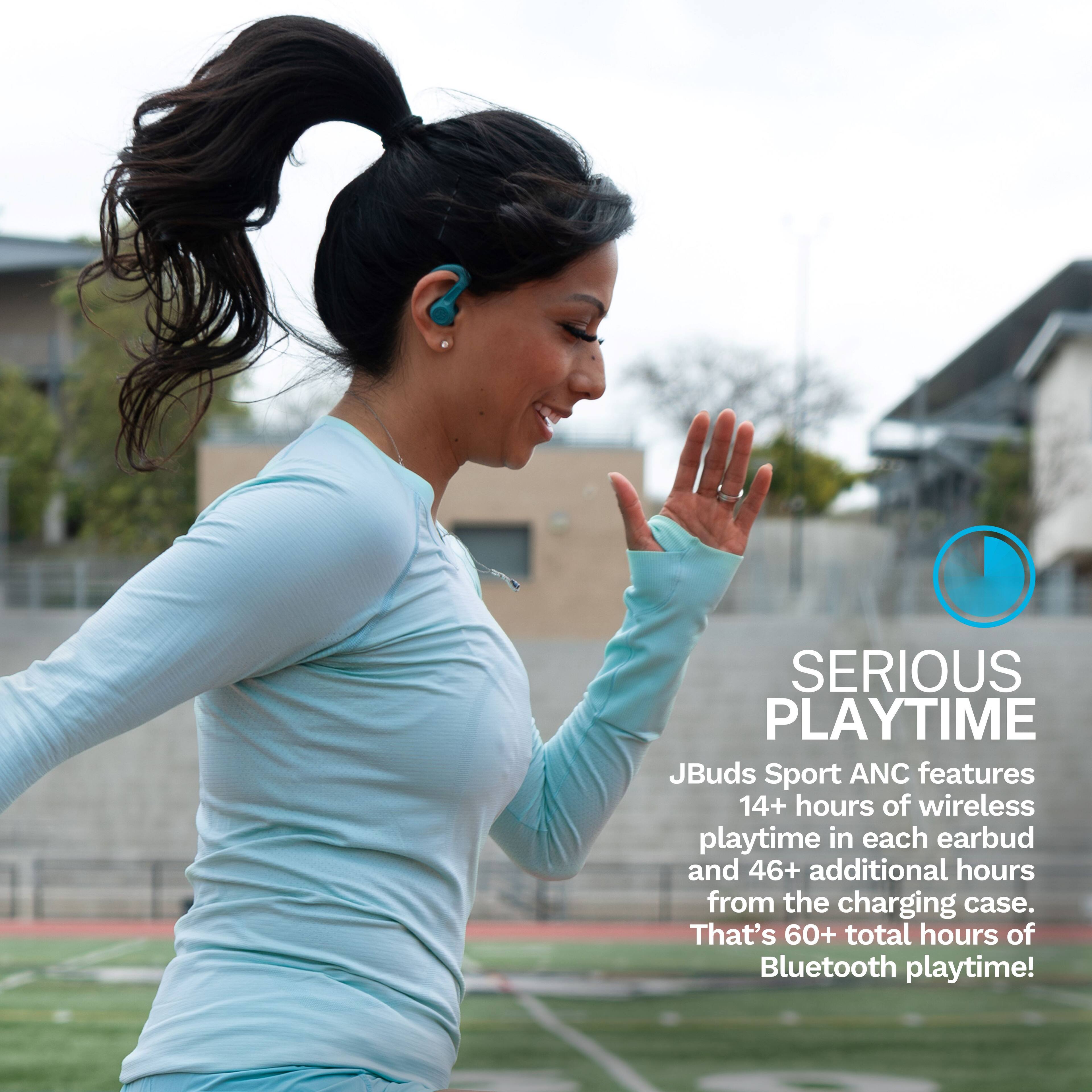 SERIOUS PLAYTIME

JBuds Sport ANC features 14+ hours of wireless playtime in each earbud and 46+ additional hours from the charging case. That's 60+ total hours of Bluetooth playtime!