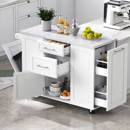 Whisen - 50.7" Rolling Kitchen Island Cart with Tilt Trash Can and Storage for Kitchen & Dining Room - White