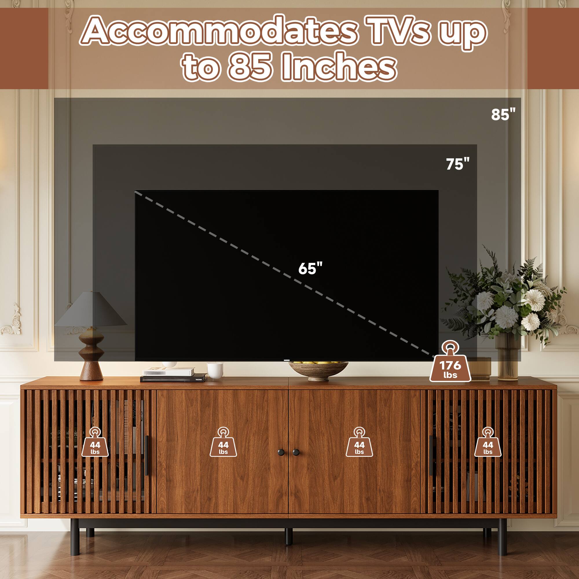 Accommodates TVs up to 85 Inches

85"
75"
65"
176 lbs
44 lbs
44 lbs
44 lbs
44 lbs