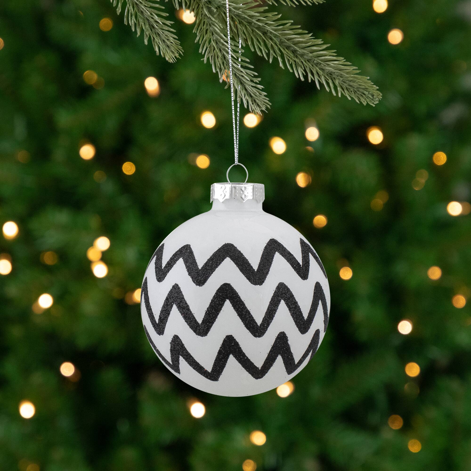Alt View 3. Northlight - Zig Zag and Checkered Christmas Glass Ball Ornaments - 2.75" (67mm) - White and Black- 4ct - White.