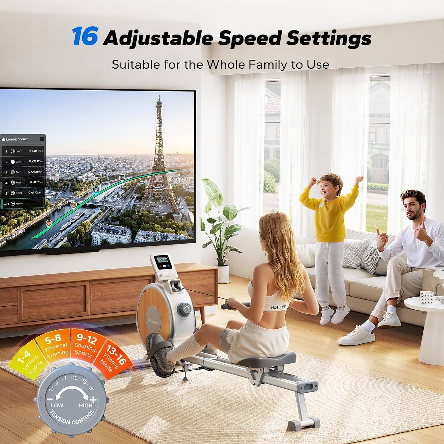 16 Adjustable Speed Settings Suitable for the Whole Family to Use

- 5-8 Physical Shaping
- 9-12 Training Sports
- 13-16 Leisure
- 1 Sports Mode

LOW HIGH TENSION CONTROL