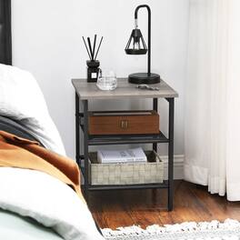 Hivvago - Modern Industrial Side Table Nightstand in Black Metal with Grey Beige Wood Top - Gray