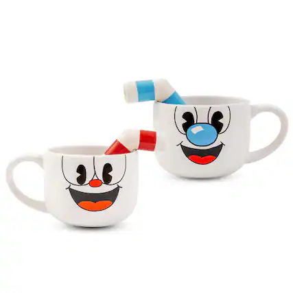 Front. Toynk - Cuphead & Mugman 24oz Ceramic Mug and Straw | Set of 2 - White.