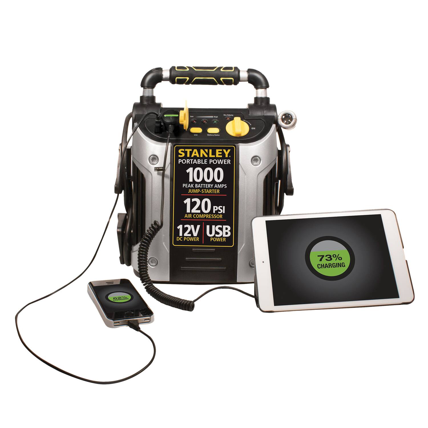 STANLEY  
PORTABLE POWER 1000  
PEAK BATTERY JUMP-STARTER  
120 PSI AIR COMPRESSOR  
12V DC POWER  
USB POWER  
73% CHARGING
