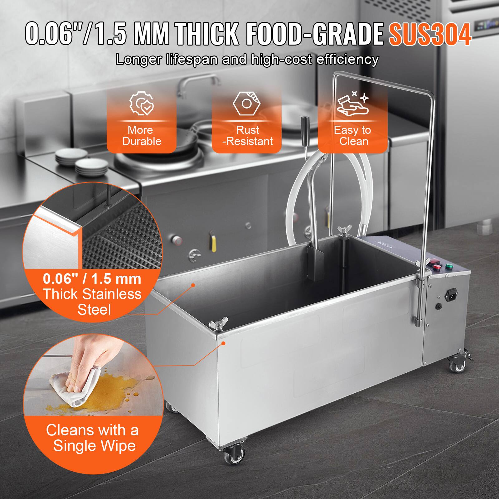 0.06"/1.5 MM THICK FOOD-GRADE SUS304  
Longer lifespan and high-cost efficiency  

- More Durable  
- Rust-Resistant  
- Easy to Clean  

0.06" / 1.5 mm Thick Stainless Steel  

Cleans with a Single Wipe